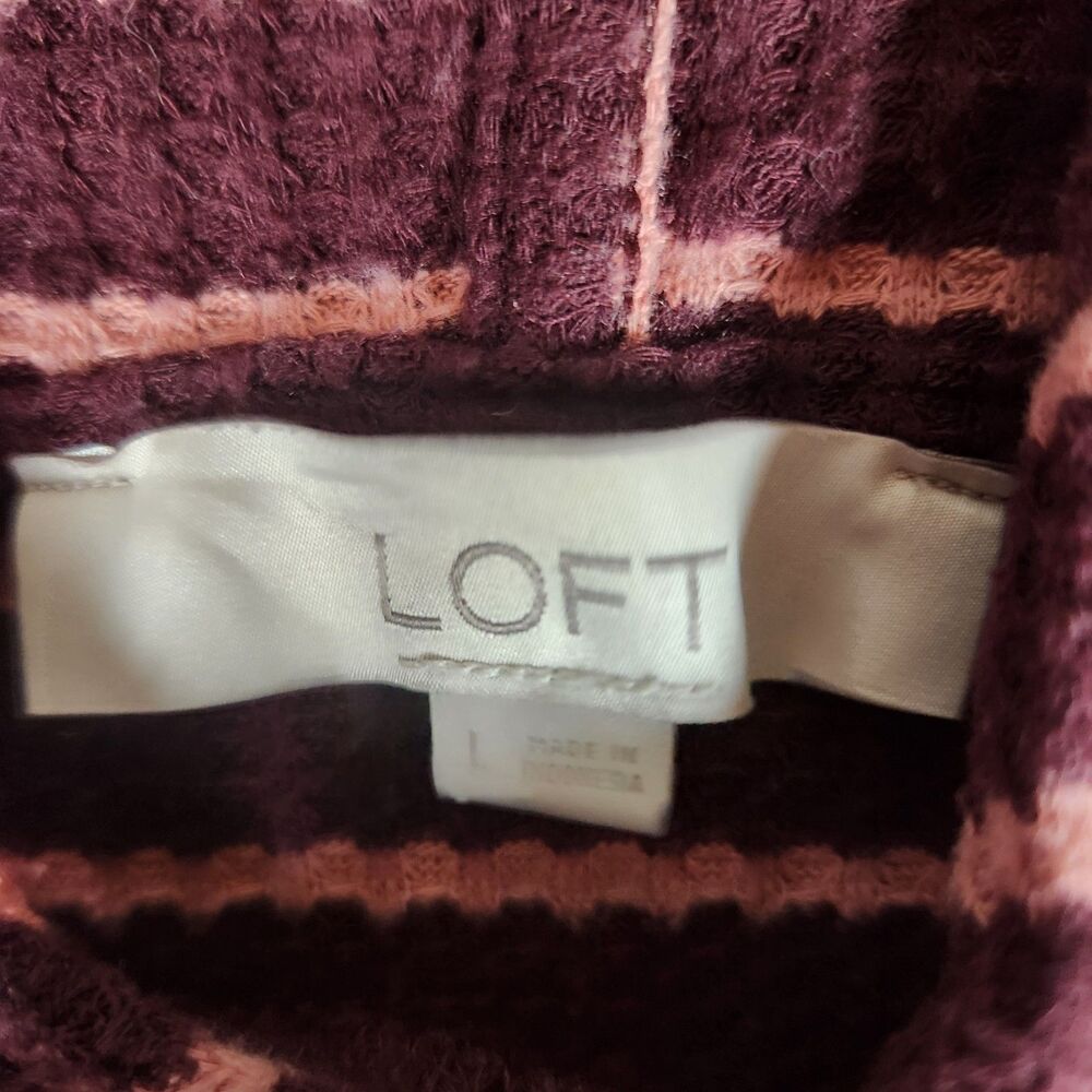 LOFT Women's L Maroon Pink Striped Waffle Knit Hooded Knit Top Hoodie - Picture 7 of 8